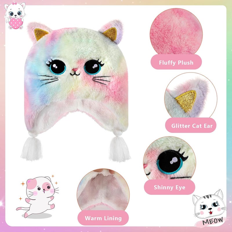 Hifot Girls Hat and Gloves Set, Winter Hats and Gloves for Kids, Fluffy Earflap Cat Beanie with Winter Mitten for Kids - Image 2